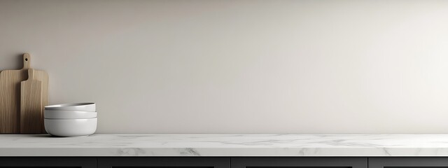 White kitchen tabletop for product presentation. Empty marble countertop. Minimalistic mockup for restaurant or beauty ad design. 