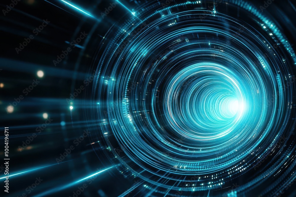 Poster dark blue abstract vortex with streaks of light, 3d rendering, motion blur effects, high energy, fut