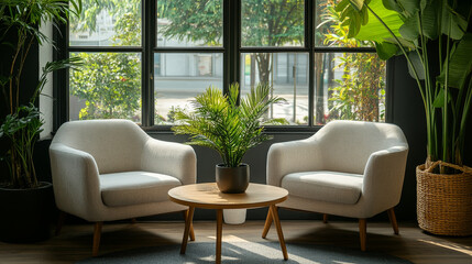 Cozy living room with two modern armchairs and potted plant on wooden table, surrounded by lush greenery and natural light streaming through large windows