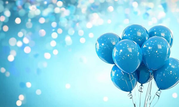 Flying party balloons with confetti, ribbons, and sparkles in a festive background
