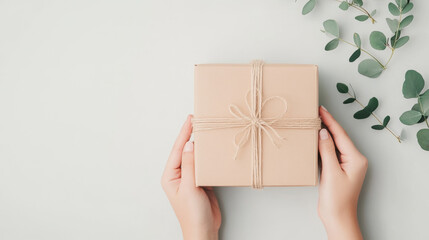 A beautifully wrapped gift box held gently in hands, surrounded by green eucalyptus leaves, evokes feelings of anticipation and joy. Perfect for celebrations and special occasions