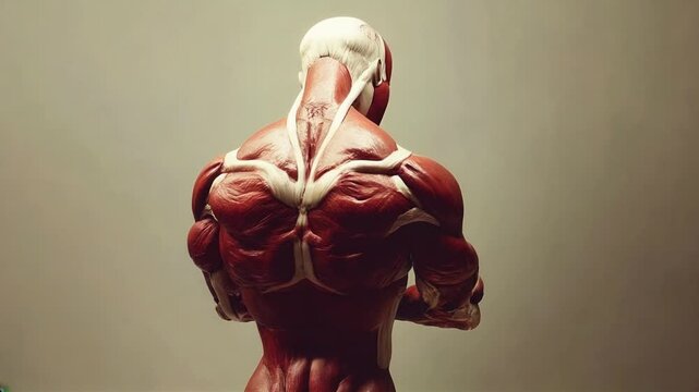 A detailed examination of human anatomy showcasing muscle structure in a dynamic pose during a slow camera rotation