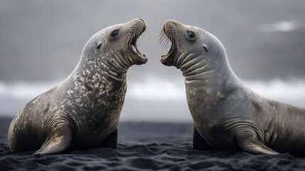 Fototapeta premium Two seals are on a beach, one of them is making a loud noise