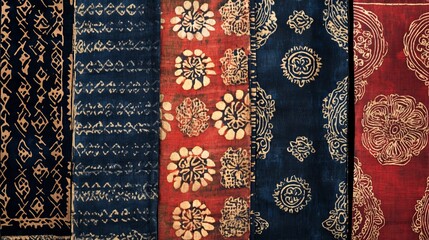 Traditional textile block print pattern like Ajrakh or Ikat, featuring abstract hand block prints, representing various cultural styles. -