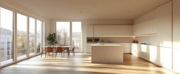 Fototapeta premium Modern Kitchen with Island and Large Windows