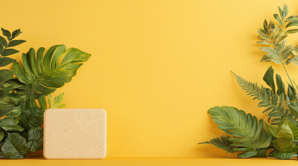A vibrant yellow background features lush green foliage framing textured square object, creating fresh and inviting atmosphere perfect for design or decor