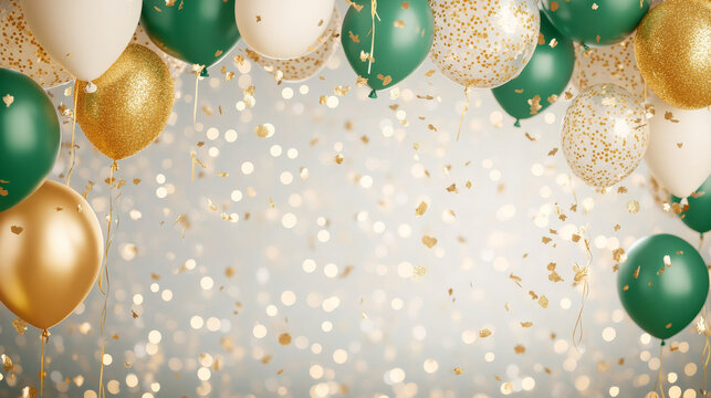 Festive balloons in green, gold, and white create vibrant celebration atmosphere, complemented by shimmering confetti and sparkling lights. Perfect for parties and special occasions