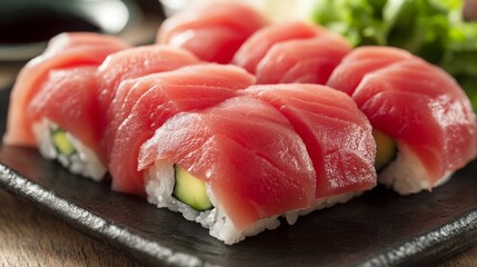 Tuna sushi roll with fresh tuna slices, highlighting the simplicity and elegance of Japanese cuisine. 