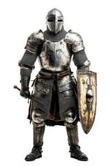 Fototapeta premium Front view of knight in full armor with sword shield isolated on white background. Medieval warrior
