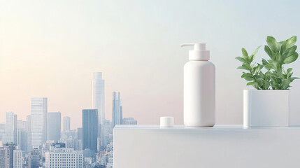 A minimalist scene featuring white cosmetic bottle and green plant against city skyline backdrop. soft colors evoke sense of calm and freshness, perfect for beauty and wellness themes