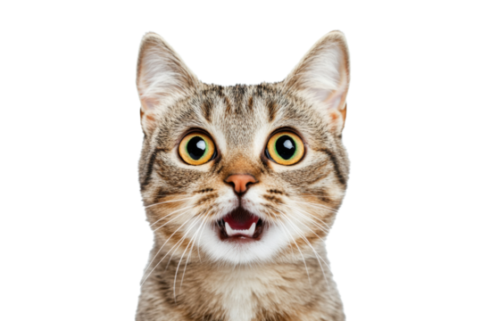 Tabby cat is looking surprised with wide eyes and mouth open isolated on white background