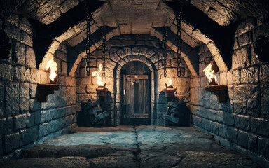 Dimly lit medieval dungeon room with eerie atmosphere, stone walls, ceiling, and floor, illuminated by flickering fire torches. Chains hang ominously from the walls in this haunted fantasy castle