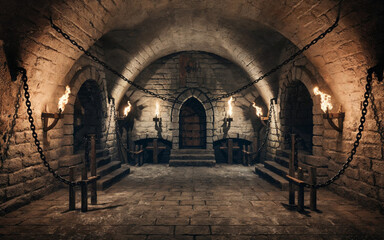 Creepy medieval dungeon room, featuring stone walls, floor, and ceiling, dimly lit by fire torches. Chains hang from the walls, evoking a haunted atmosphere in this empty fantasy castle or dungeon