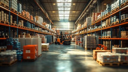 A spacious warehouse filled with stacked goods and a forklift.