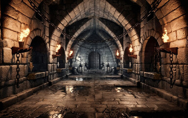 old medieval fantasy creepy empty dungeon room lit by fire torches. With chains hanging from the walls. Stone walls, ceiling and floor. Haunted fantasy medieval dungeon or castle room interior. 