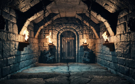 Dimly lit medieval dungeon room with eerie atmosphere, stone walls, ceiling, and floor, illuminated by flickering fire torches. Chains hang ominously from the walls in this haunted fantasy castle