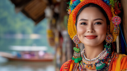 Fototapeta premium woman wearing traditional colorful attire and accessories smiles warmly, showcasing her cultural heritage against scenic backdrop. vibrant colors and intricate details of her outfit reflect rich