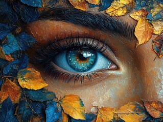 Vibrant blue eye surrounded by artistic autumn leaves