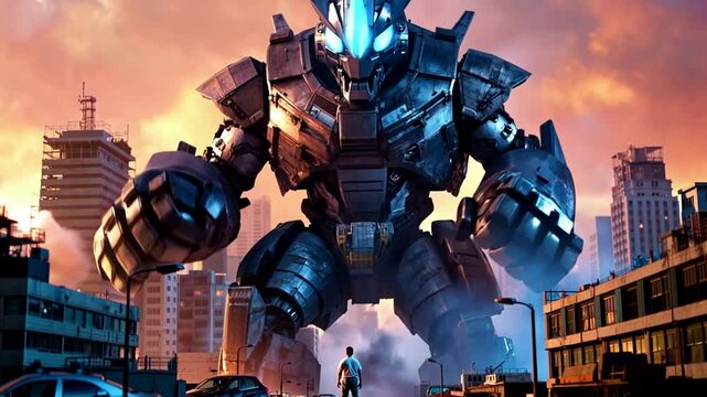 Giant robot rampages through city, causing widespread destruction and chaos at sunset