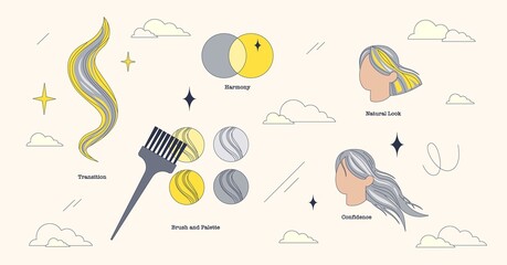 Illustration of gray hair blending with vibrant colors, featuring a brush, color palettes, and abstract hair designs. Neubrutalism style collection.