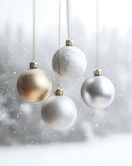 Obraz premium Hanging Christmas Ornaments with Snowy Background