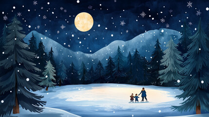 Fototapeta premium serene winter night scene featuring full moon illuminating snowy landscape. family walks together through snow, surrounded by tall evergreen trees and gentle snowfall, evoking sense of warmth and
