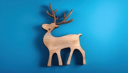 Minimalist Wooden Reindeer Silhouette on Vibrant Blue Background. Festive, Nordic Inspired Christmas Holiday Decoration Concept with Natural Texture and Clean, Modern Design