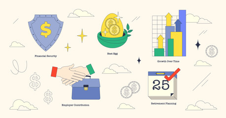 Illustration showing financial security, nest egg, growth over time, employer contribution, and retirement planning in neubrutalism style collection.