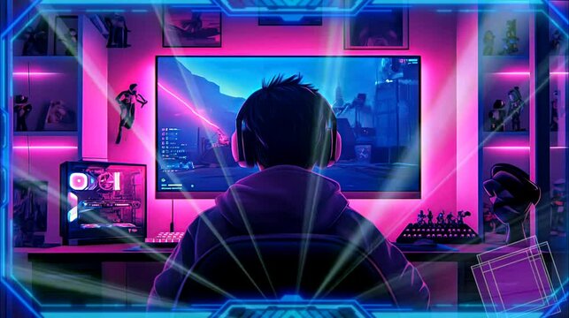 A gamer sits in front of a monitor, illuminated by neon lights.

