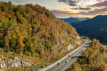 USA highway transportation infrastructure in North Carolina Appalachian mountains. American freeway...