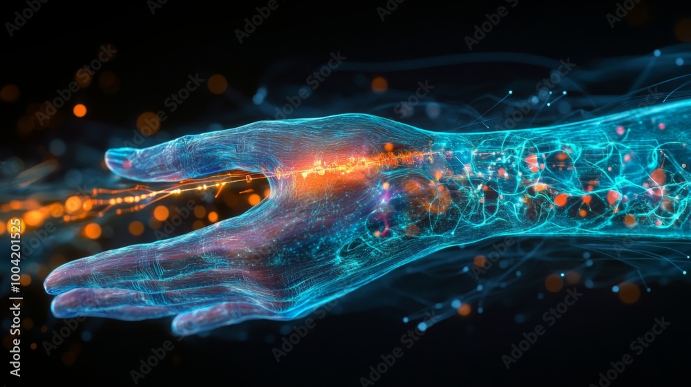 Poster an abstract, digital rendering of a hand, comprised of light and energy, reaches out in the dark
