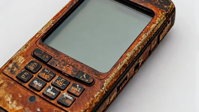 A rusty old cell phone lies on a white surface