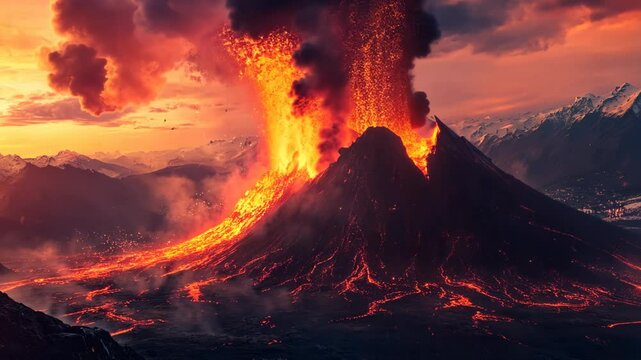 A fiery eruption of a volcano at sunset