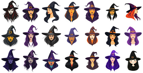 Halloween Witch Faces with Hats Set - Isolated Illustrations on Transparent Background, Perfect for Seasonal Designs and Overlays