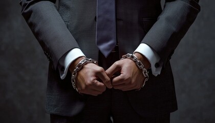 Man in a suit with chained hands standing in a dark room, symbolizing restraint and captivity in a tense moment of reflection.