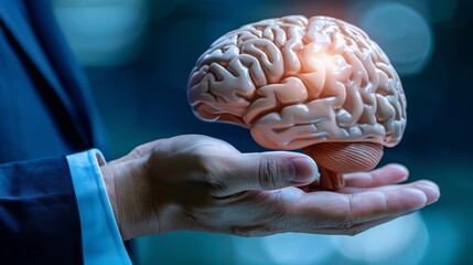 A person in a suit holds a floating 3D brain model in their open palm against a dark background, symbolizing knowledge and innovation.