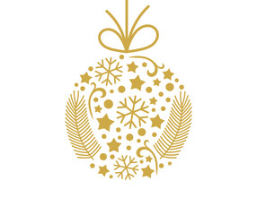 Christmas ball gold ornament on transparent background. PNG illustration.