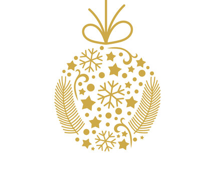 Christmas ball gold ornament on transparent background. PNG illustration.
