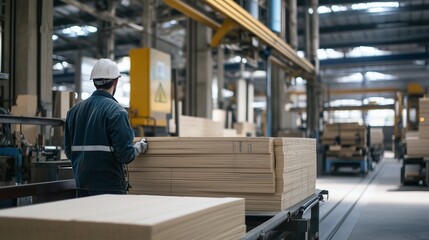 Worker managing plywood stacks in a large manufacturing facility during daytime operations