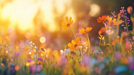Orange wildflowers in a field at sunset. © Premium_art