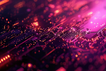 Fototapeta premium A mesmerizing glimpse into the intricate world of circuit boards illuminated by vibrant hues of purple and orange at night. Generative AI