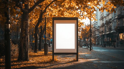 A blank white poster is displayed on the bus stop, which stands in an autumn city street with trees and leaves.