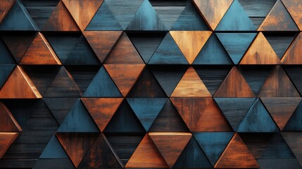 Modern wall panel made of wooden triangular cells in brown, blue and black colors with seamless wooden background Generative Ai