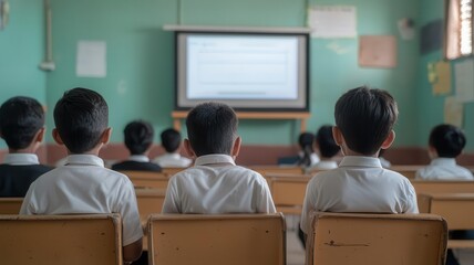 Fototapeta premium Young students in an underfunded classroom, lacking textbooks and supplies, while a nearby private school has advanced technology educational resource gap, inequality