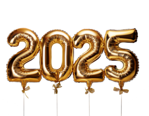 Gold mylar balloons 2025, isolated on white or transparent background 