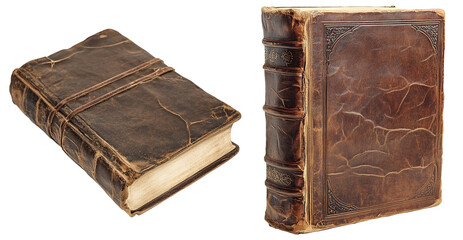 Set of two old leather bound books, isolated on white or transparent background 