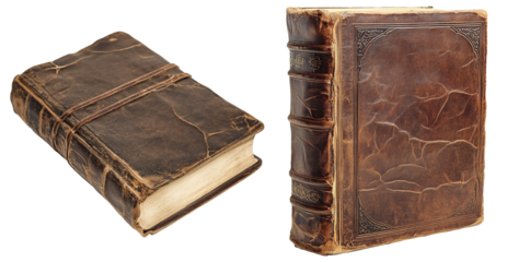 Set of two old leather bound books, isolated on white or transparent background 