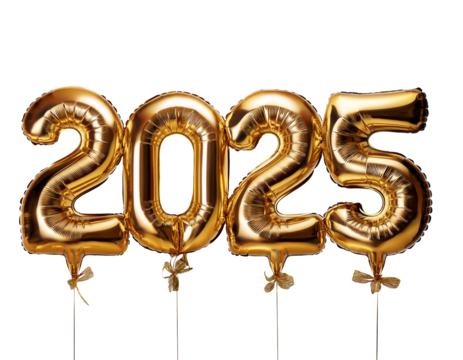 Gold mylar balloons 2025, isolated on white or transparent background 