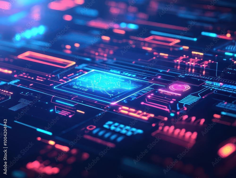 Poster futuristic control panel, glowing holographic interface, abstract tech background