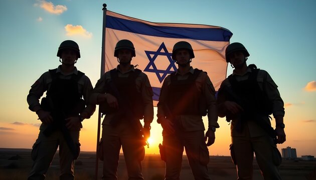 Israeli soldiers stand before the flag of Israel